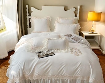 Chiffon Lace Embroidered Bedding Set: Princess Style Quilt Cover & Bed Sheet