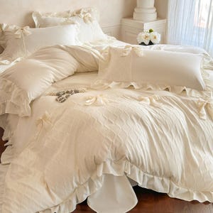 Conjunto de cama estilo princesa com capa de edredom em renda de laço de fita de algodão lavado (somente a capa).