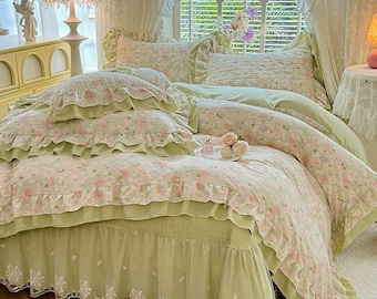Französische Samtbettwäsche: Nur Blumenrüschen-Quiltbezug, zerknittertes Garn