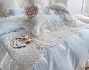 French Princess Washed Cotton Bedding Set – Chiffon Lace Quilt Cover & Sheets