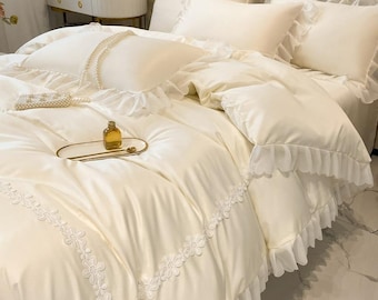 Juego de cama de encaje de tencel lavado: funda nórdica y sábana estilo princesa