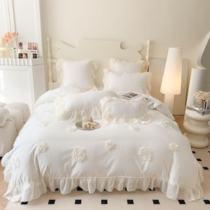 Pink Ruffle Lace Bedding Set: Princess Style Cotton Quilt Cover