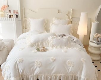 Pink Ruffle Lace Bedding Set: Princess Style Cotton Quilt Cover Only