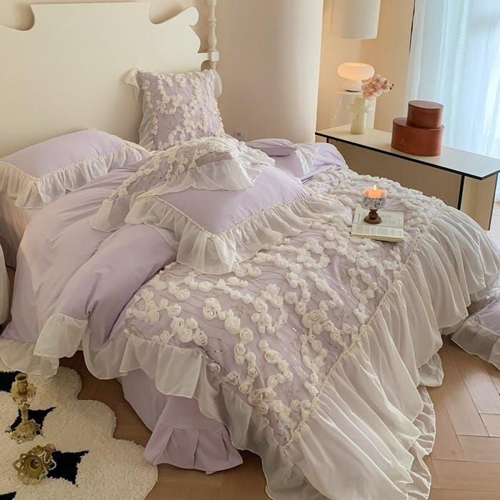 Lace Bed Ruffle White Ruffle Lace Flower Bedding Set: Chic Princess Style Cotton Duvet ...
