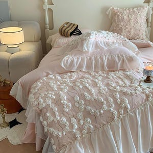 White Ruffle Lace Flower Bedding Set: Chic Princess Style Cotton Duvet Cover
