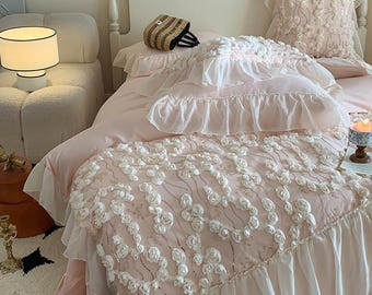 White Ruffle Lace Flower Bedding Set: Chic Princess Style Cotton Duvet Cover