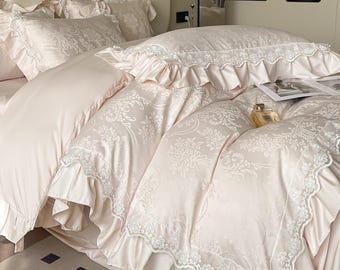 Juego de cama de encaje princesa de tencel lavado - Funda nórdica de 4 piezas