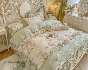 French Princess Cotton Bedding Set: Lotus Leaf Lace Bed Skirt