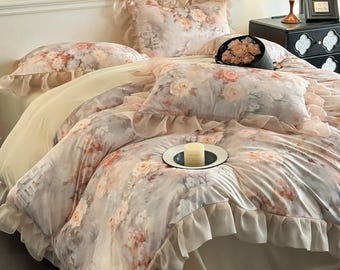 Juego de ropa de cama de seda helada con encaje francés: estilo romántico, de cama doble a king size.