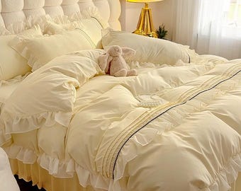Washed Cotton Lace Bedding Set: Princess Style Bed Skirt & Quilt Cover Only