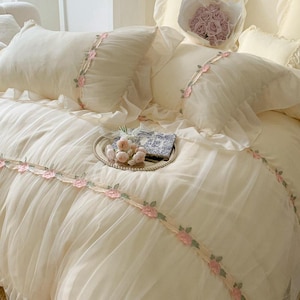 Handmade Cream Ruffle Bedding Set: Pink Floral Embroidered Cotton Duvet Cover