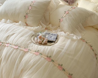 Handmade Cream Ruffle Bedding Set: Pink Floral Embroidered Cotton Duvet Cover