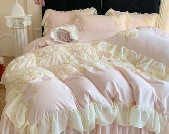 French Princess Washed Cotton Bedding Set: Lace Quilt Cover & Bed Skirt