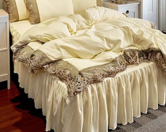 Vintage Embroidered Lace Bedding Set: Washed Cotton Quilt Cover & Bed Skirt