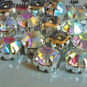 Crystal AB Round Rose Montee Faceted Sew On Acrylic Glass Rhinestone Beads 9mm 15p Vintage Look 4 hole Pronged Silver base Diamond Separator