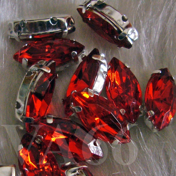DIY Navette Marquis Sew On Rhinestones Lt Siam Red 20p 7mm x 15mm 4 hole Silver Montee Faceted Acrylic Glass Look Rhinestone Beads couture
