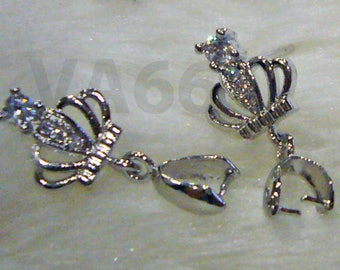 DIY Crown White Gold Plated CZ Stud Earrings Diamond Cut 1 Big 3 Small CZ stone Cubic Zirconia  Pendant Bail Jewelry Supplies Findings 1 Pr