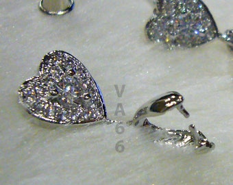 DIY Heart White Gold Plated CZ Stud Earrings Diamond Cut 1 Big n Small CZ stones Cubic Zirconia  Pendant Bail Jewelry Supplies Findings