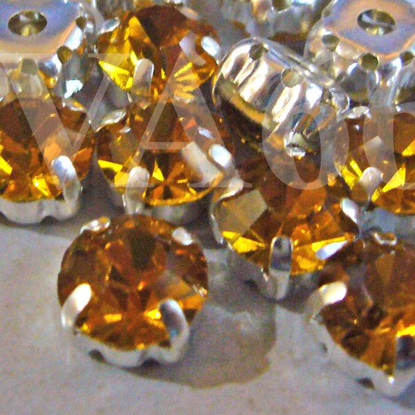 Topaz Round Rose Montee Faceted Sew On Acrylic Glass Look Rhinestone Beads 9mm 15p Vintage Look 4 hole Pronged Silver base Diamond Separator