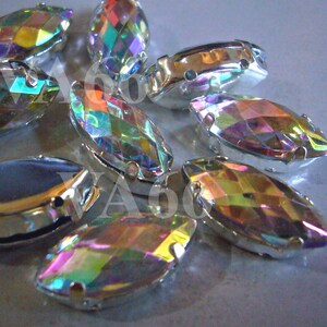 Navette Marquesa Coser en Piedras de Rin Cristal AB 15p 9mm x 20mm 4 agujero Gran Plata Montee Facetado Acrílico Vidrio Look Rhinestone Abalorios coser