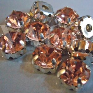 DIY Lt Peach Color Round Rose Montee Faceted Sew On Acrylic Glass Look Beads 9mm 15p Vintage Look 4 hole Pronged Silver Diamond Separators