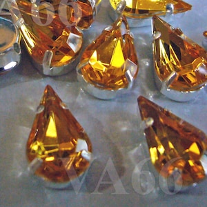 Teardrop Sew On Rhinestones Light Topaz 20p 8mm x 13mm 4 hole Silver Montee Faceted Acylic Glass Look Rhinestone Beads sewing  jewelry craft