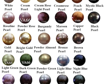 May include: A collection of 18 different colored pearls, each with a unique name and description. The pearls are arranged in rows of four, with the exception of the last row, which has three pearls. The pearls are all round and smooth, and they range in color from white to black.