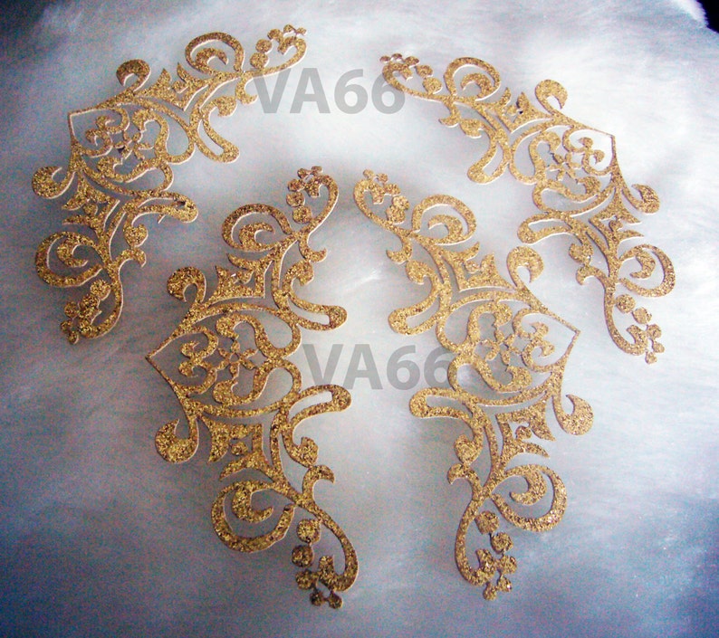 4p Glitter Gold Corner Edge Iron On Patch Applique Dokoh Vintage Look Lace Motif Heat Transfer Decals Stickers Embellishment Sewing image 2