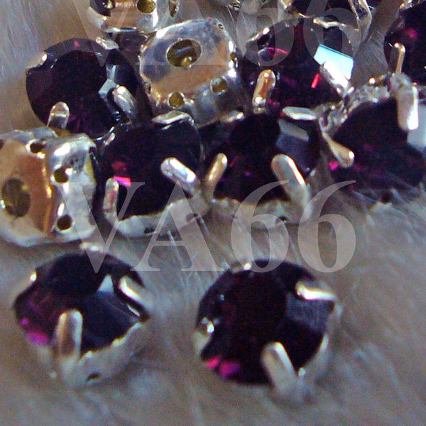 DIY Amethyst Purple Round Montee Faceted Sew On Acrylic Glass Look Rhinestone Perles 9mm 15p Vintage Look 4 trous Pronged Silver Separators