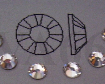 May include: Clear, faceted rhinestones with a circular design and a side view outline. The rhinestones are round and have a reflective surface. The image is on a gray background. These are suitable for crafts and embellishments.