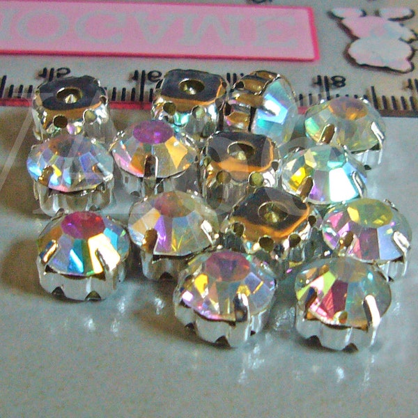 Crystal AB Round Rose Montee Faceted Sew On Acrylic Glass Rhinestone Beads 9mm 15p Vintage Look 4 hole Pronged Silver base Diamond Separator