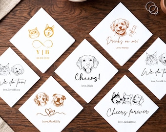 Servilletas personalizadas para bodas con mascotas, servilletas de cóctel con retrato de perro personalizado, decoración para bar de bebidas exclusivas, artículos para fiestas de 1 a 3 mascotas, decoración para bodas