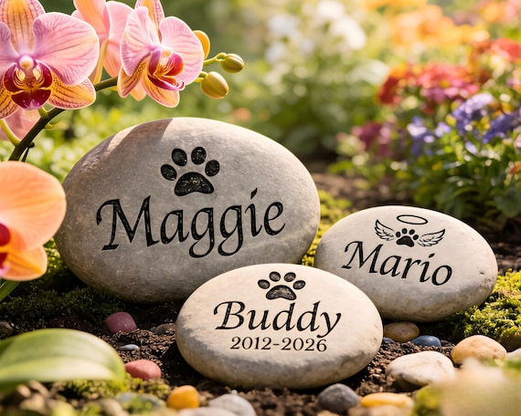 Personalized Pet Memorial Stone | Custom Dog Grave Marker | Cat Loss Sympathy Gift | Engraved River Rock | Pet Remembrance Garden Stone