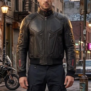 Men's Cyberpunk Leather Moto Jacket, Armor Panels, Custom Embroidered Patch (Free)