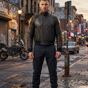 Men's Cyberpunk Leather Moto Jacket, Armor Panels, Custom Embroidered Patch (Free)