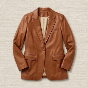 Peut inclure: Un blazer en cuir de couleur cognac doté d'un revers cranté, d'une fermeture à un bouton sur le devant et de deux poches à rabat horizontales à la taille. La veste est entièrement doublée d'un tissu beige clair lisse visible à l'ouverture.
