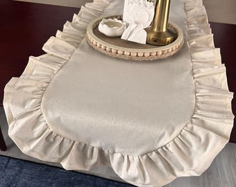 Ruffled Natural Linen Table runner,Farmhouse linen table runner with ruffle,  Boho Table Runner,Wedding linen ruffle table runner