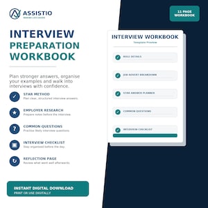 May include: An 11-page interview preparation workbook by Assistio featuring a template preview with sections for role details, job advert breakdown, star answer planner, common questions, and an interview checklist. The digital document includes a star method, employer research, and reflection page.