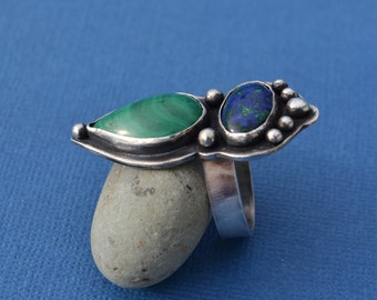 Sterling Silver Two Stone Ring with Azurite Malachite and Malachite