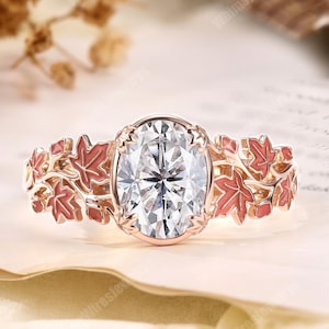Unique 2CT Oval Cut Moissanite Engagement Ring Rose Gold Maple Leaf Promise Ring For Women Nature Inspired Red Enamel Art Deco Ring Jewelry