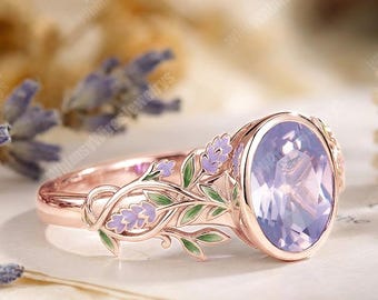 Anillo de compromiso ovalado único con amatista lavanda talla fuegos artificiales, anillo de promesa de oro rosa con diseño de vid para ella, anillo de esmalte morado con forma de hoja, anillo Art Déco