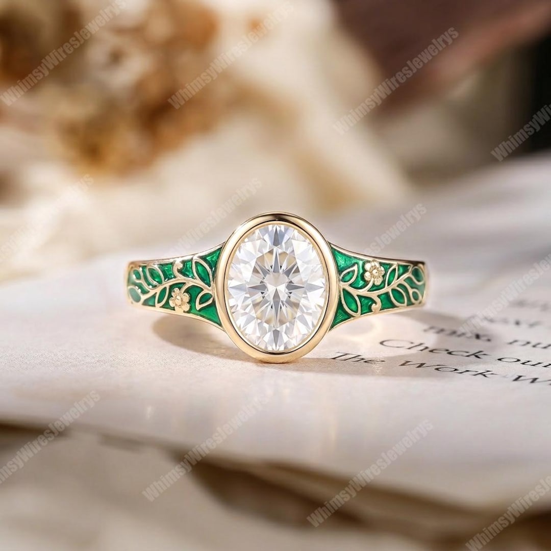 Vintage Oval Moissanite Engagement Ring Bezel Set Solid Gold Nature ...