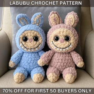 Smiling Bunny CROCHET PATTERN, Amigurumi Labubu Fan Art Plushies, Creepy Cute Monster Rabbit Toy, Ugly sweetie Labubu