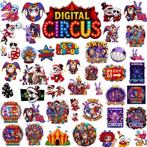Op de afbeelding: Een verzameling kleurrijke stickers met personages en logo's van The Amazing Digital Circus. De ontwerpen bevatten diverse stripfiguren, een rood-gele circustent, een uitgangsbord en de tekst Digital Circus.