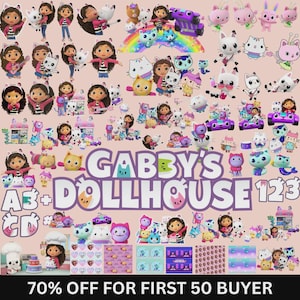 May include: A collection of Gabby's Dollhouse digital graphics featuring Gabby and various cat characters, including Pandy Paws, Cakey, and MerCat, with the text Gabby's Dollhouse, A B C D, and 1 2 3, displayed on a light pink background.