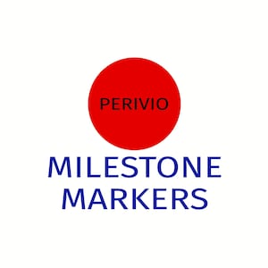 May include: A logo featuring a red circle with the word "PERIVIO" in black text. Below the circle, the words "MILESTONE MARKERS" are written in blue, sans-serif font, on a white background.