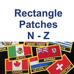 May include: Rectangle patches featuring flags of various countries, including the United States, Mexico, Canada, Bermuda, Netherlands, and Switzerland. The patches are rectangular with embroidered details and text labels.