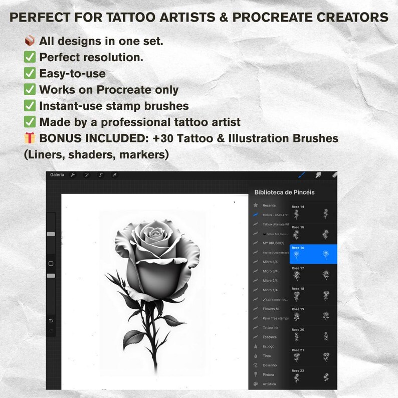 Realistic Rose Tattoo Procreate Brushes | Floral Brush Set (30 Brushes ...