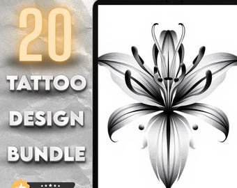 20 Lily Tattoo Designs – Floral Tattoo Sketches (Digital Download)