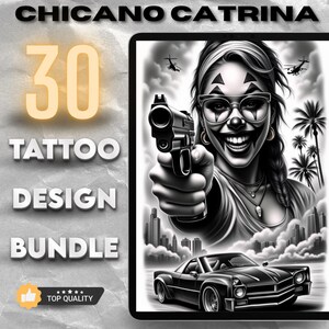 Könnte beinhalten: Ein digitales Kunstpaket mit einer Schwarz-Weiß-Illustration einer Frau mit Clown-Make-up, die eine Pistole hält, einem klassischen Auto und einer Skyline. Der Text lautet "CHICANO CATRINA 30 TATTOO DESIGN BUNDLE".